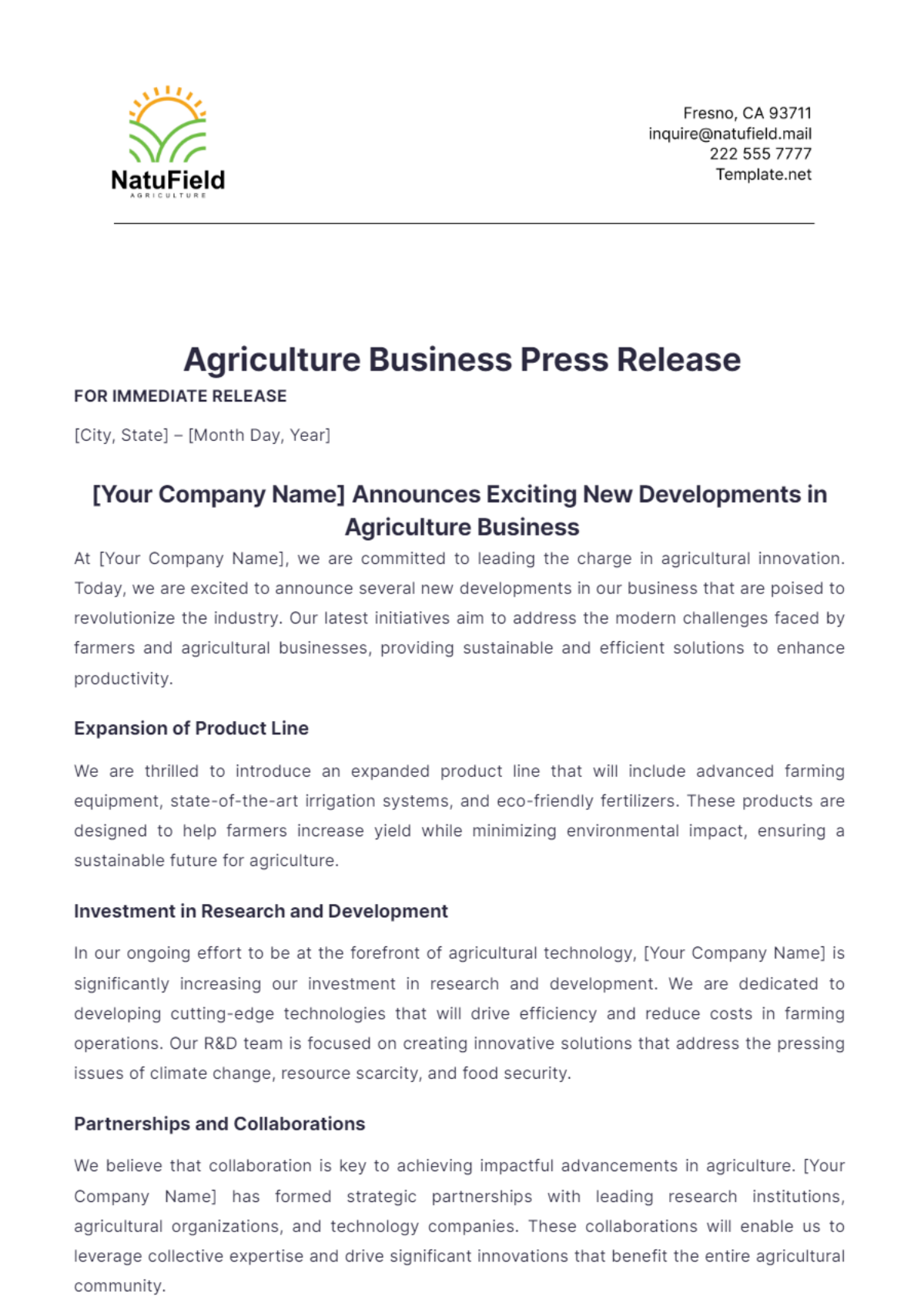 Agriculture Business Press Release Template - Edit Online & Download