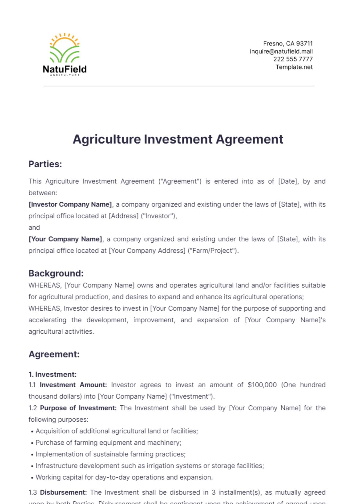 Agriculture Investment Agreement Template - Edit Online & Download