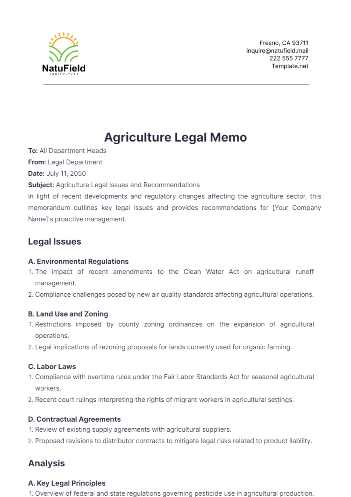 Agriculture Legal Memo Template - Edit Online & Download