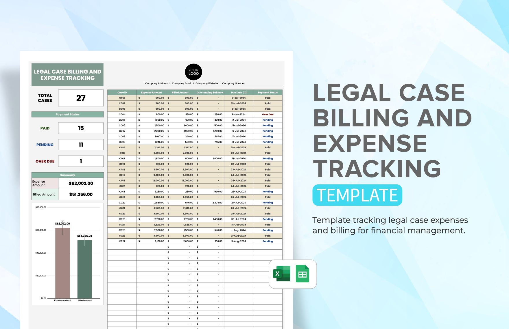 Legal Case Billing and Expense Tracking Template in Excel, Google Sheets