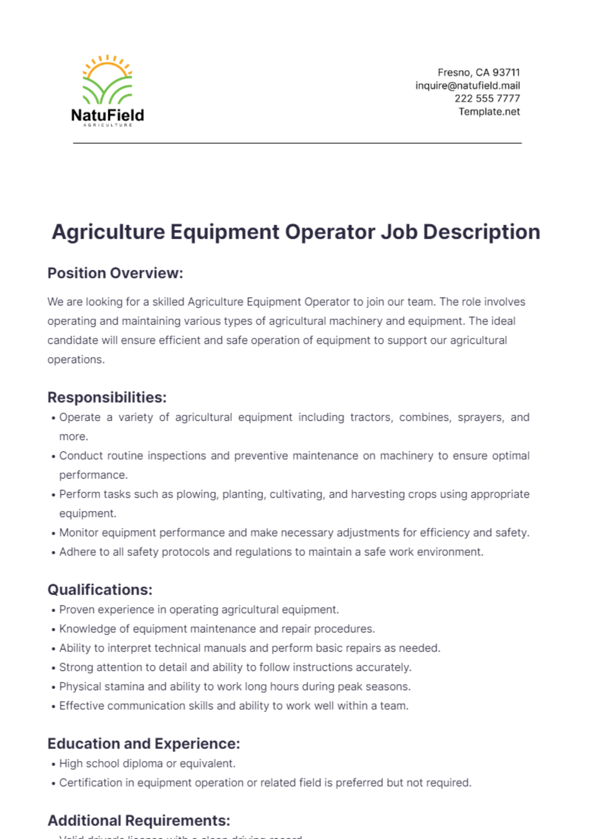 Agriculture Equipment Operator Job Description Template - Edit Online & Download