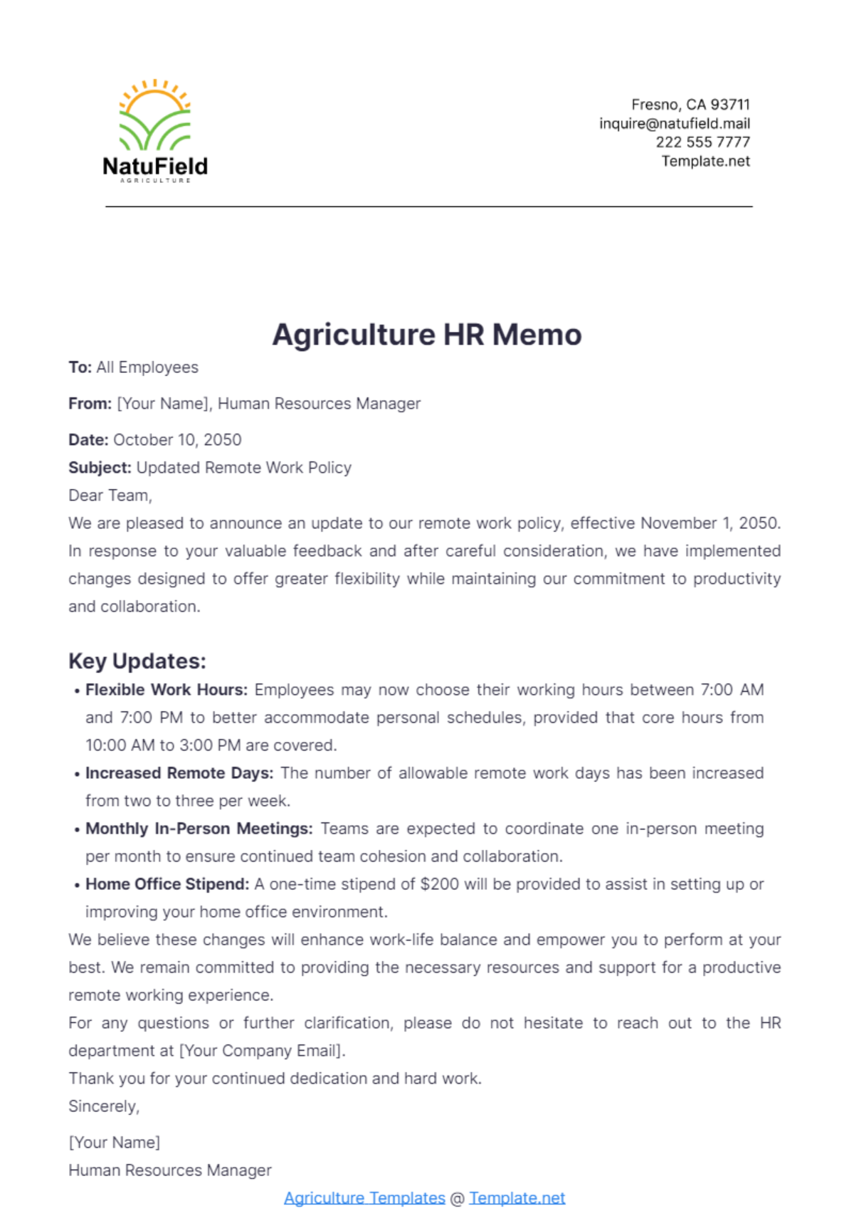 Agriculture HR Memo Template - Edit Online & Download