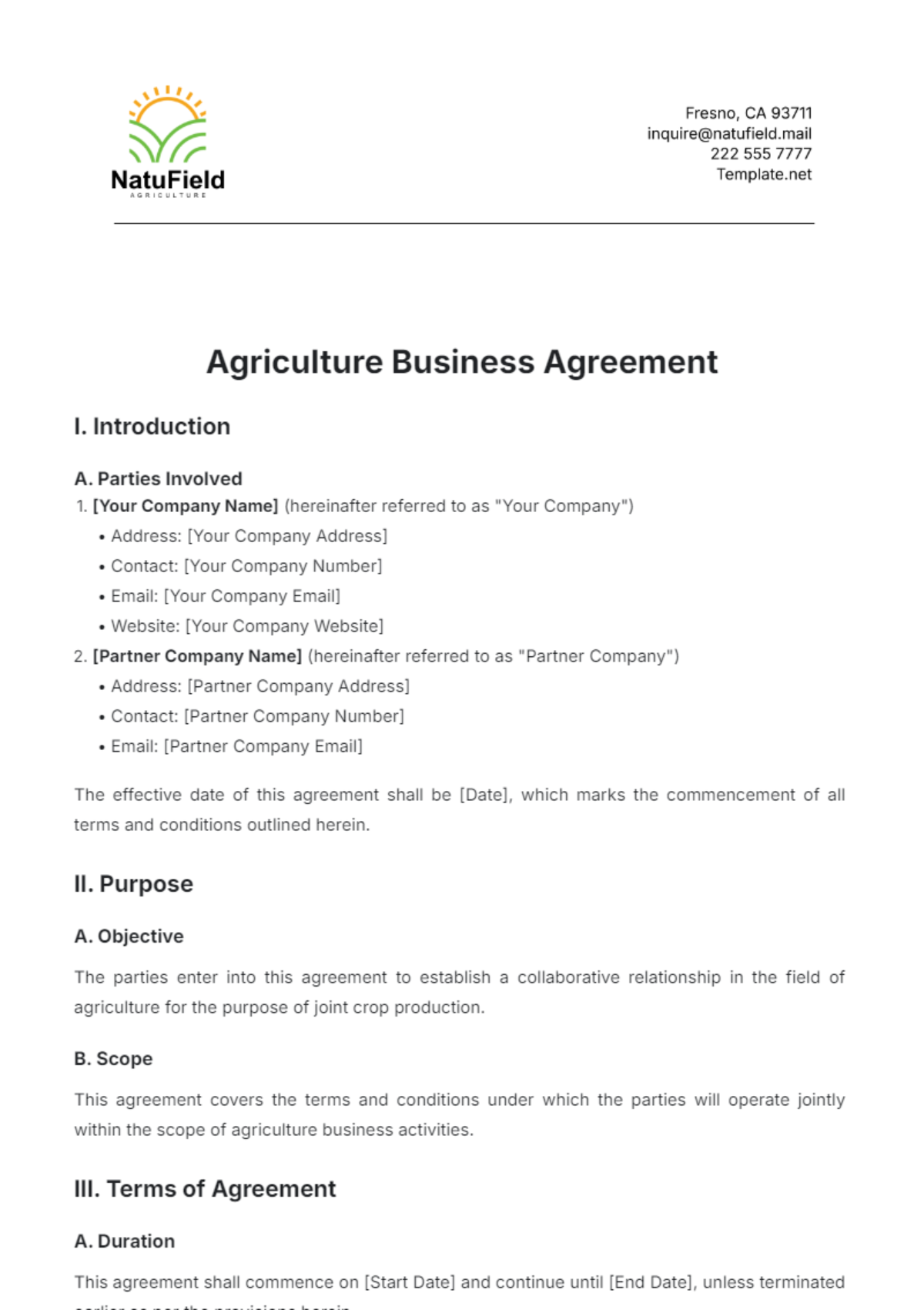 Agriculture Business Agreement Template