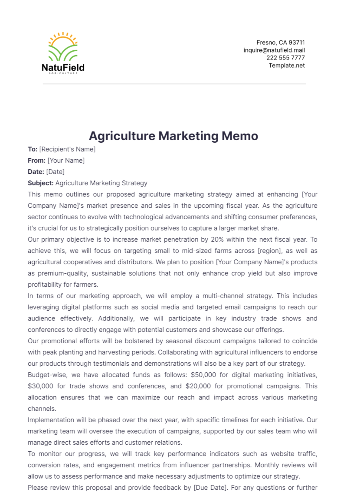 Agriculture Marketing Memo Template - Edit Online & Download