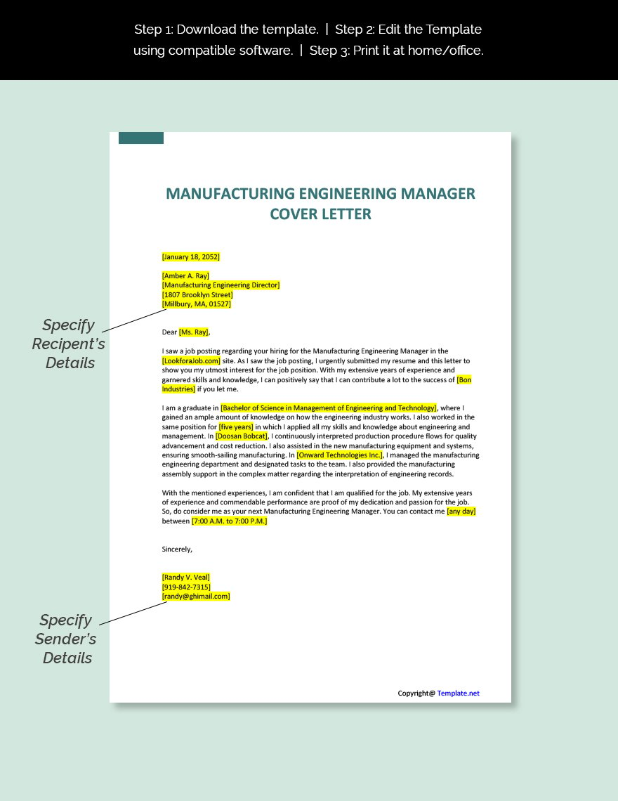 Manufacturing Engineering Manager Cover Letter