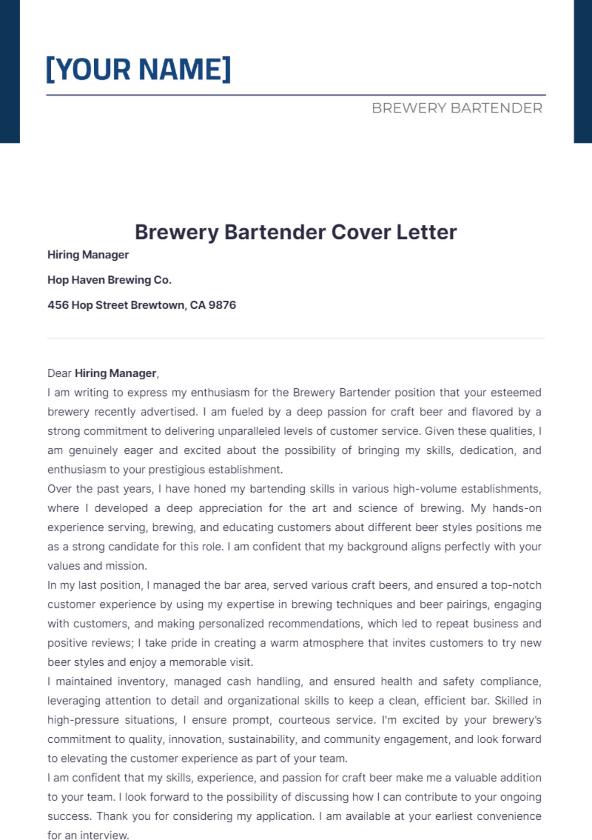 Brewery Bartender Cover Letter - Edit Online & Download