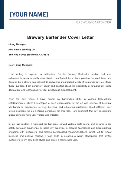 Free Brewery Bartender Cover Letter to Edit Online