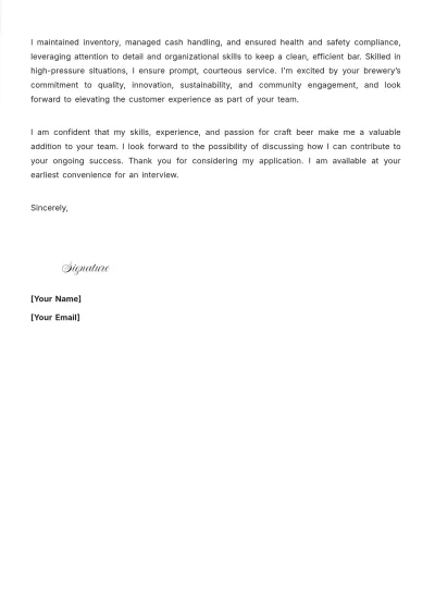 Free Brewery Bartender Cover Letter to Edit Online