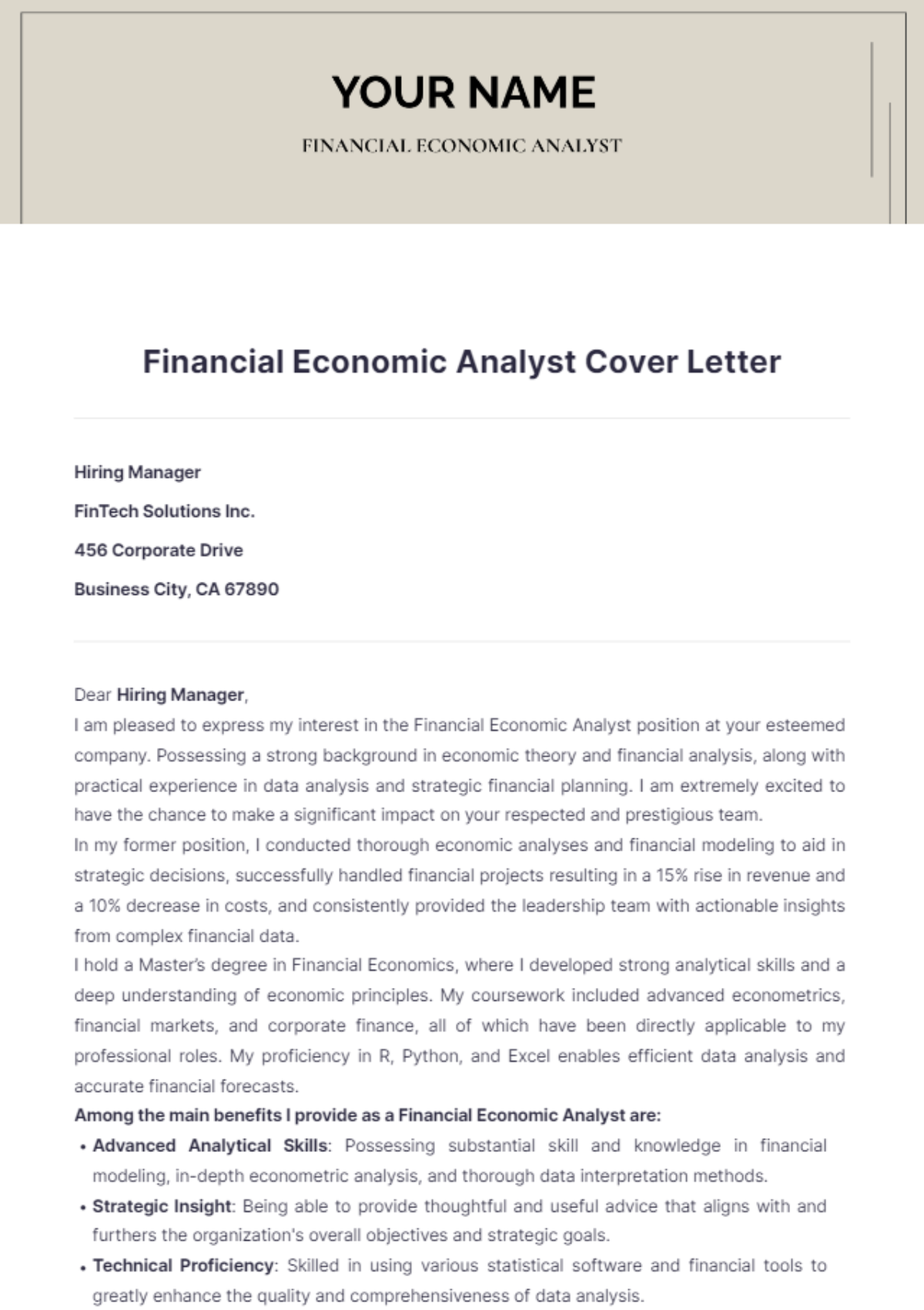 Financial Economic Analyst Cover Letter - Edit Online & Download