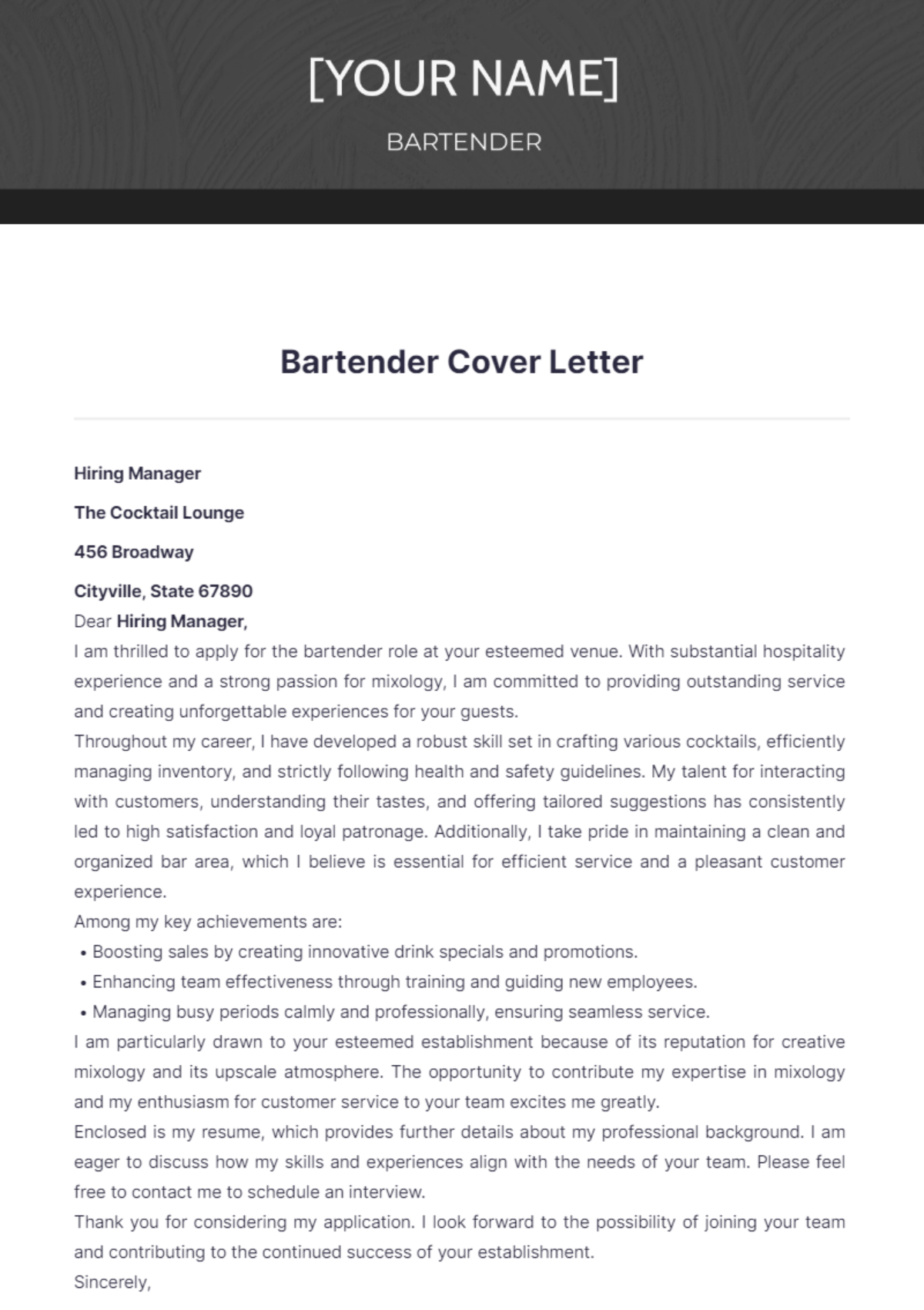 Bartender Cover Letter - Edit Online & Download