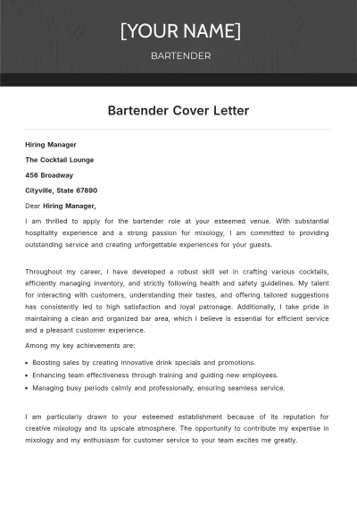 Free Bartender Cover Letter to Edit Online