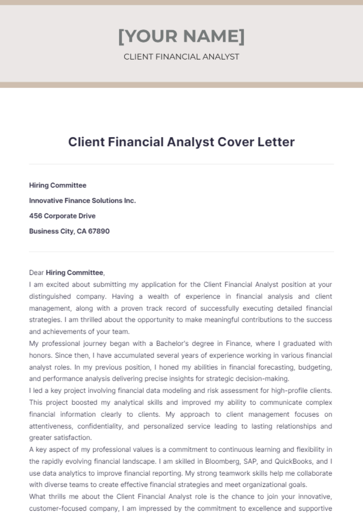 Client Financial Analyst Cover Letter - Edit Online & Download