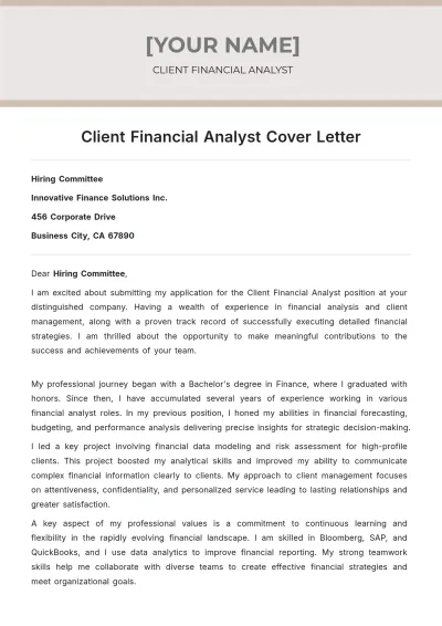 Free Client Financial Analyst Cover Letter to Edit Online