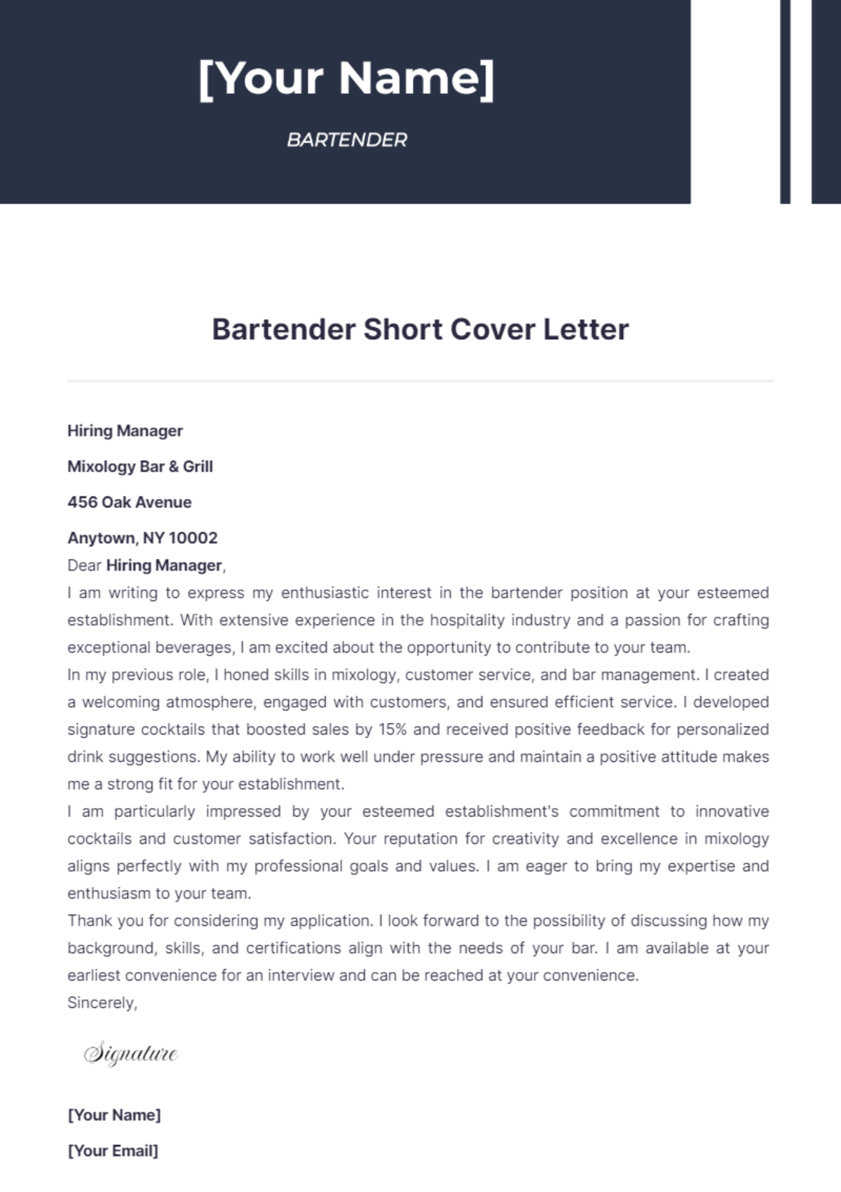 Bartender Short Cover Letter - Edit Online & Download