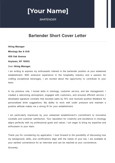 Free Bartender Short Cover Letter to Edit Online