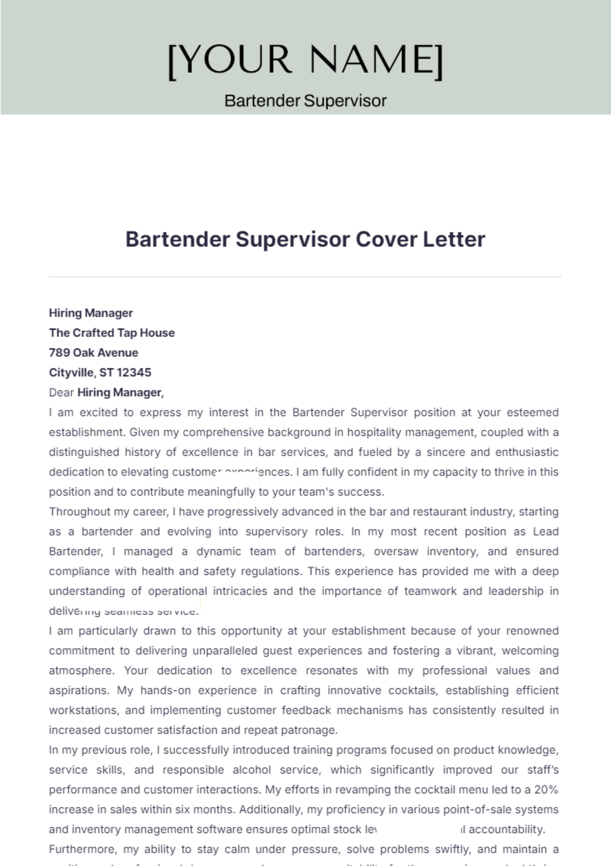 Bartender Supervisor Cover Letter - Edit Online & Download