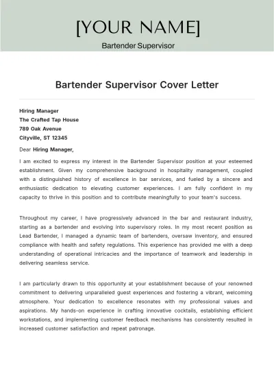 Free Bartender Supervisor Cover Letter to Edit Online