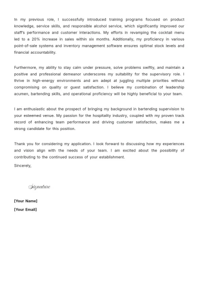 Free Bartender Supervisor Cover Letter to Edit Online