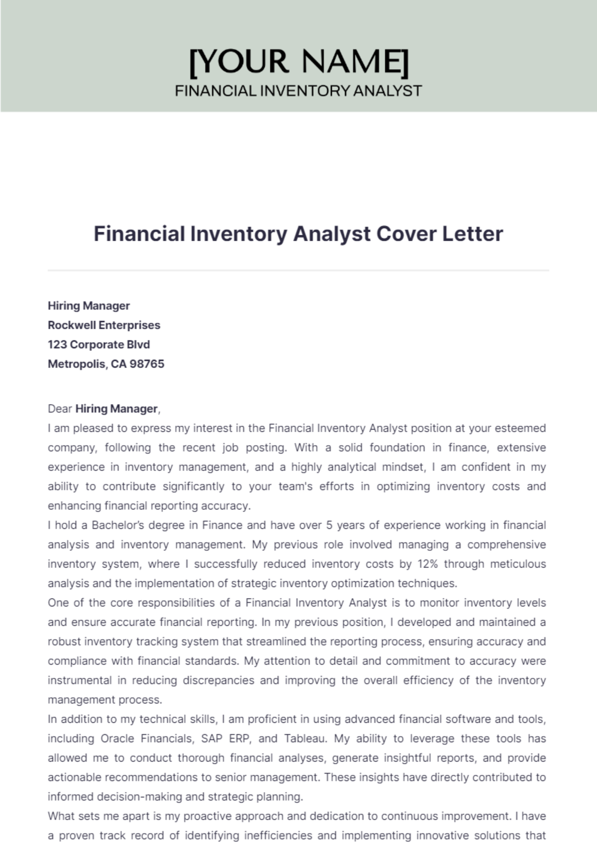 Financial Inventory Analyst Cover Letter - Edit Online & Download