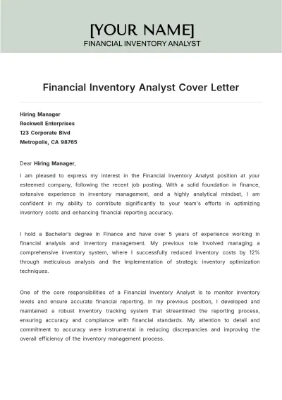Free Financial Inventory Analyst Cover Letter to Edit Online