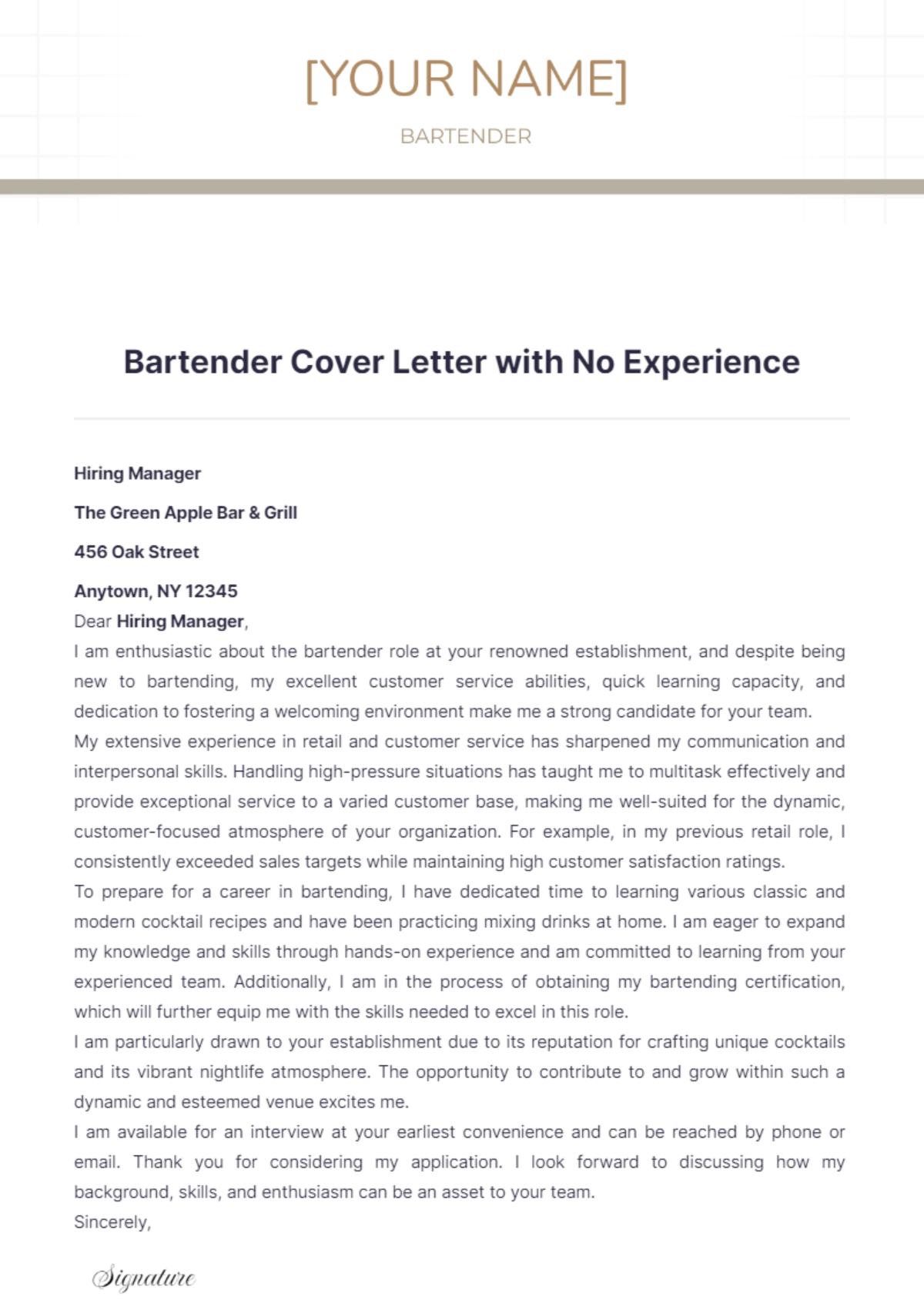 Bartender Cover Letter with No Experience - Edit Online & Download