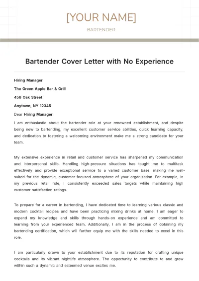 Free Bartender Cover Letter with No Experience to Edit Online