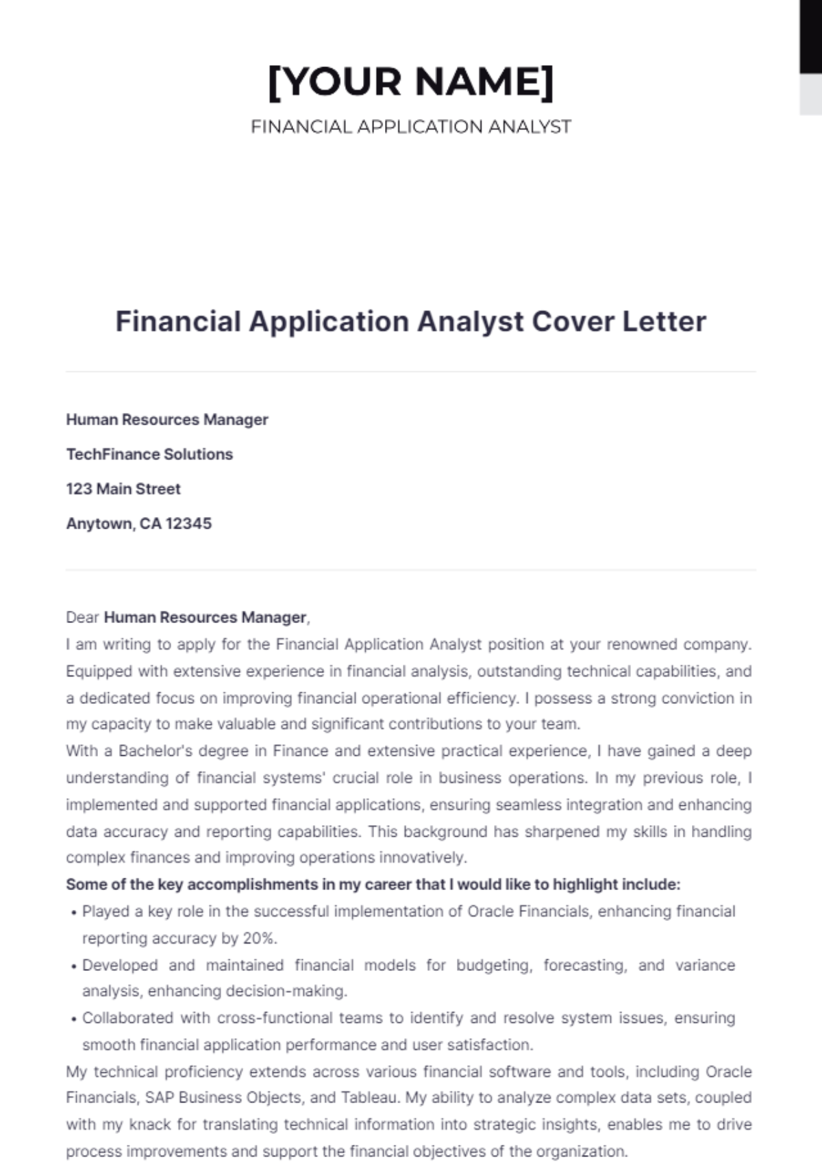 Financial Application Analyst Cover Letter