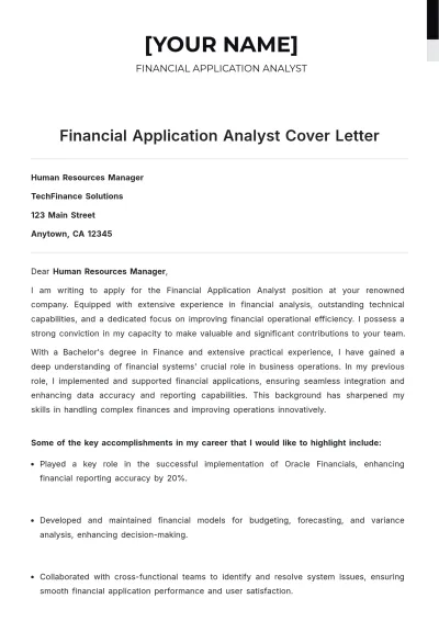 Free Financial Application Analyst Cover Letter to Edit Online