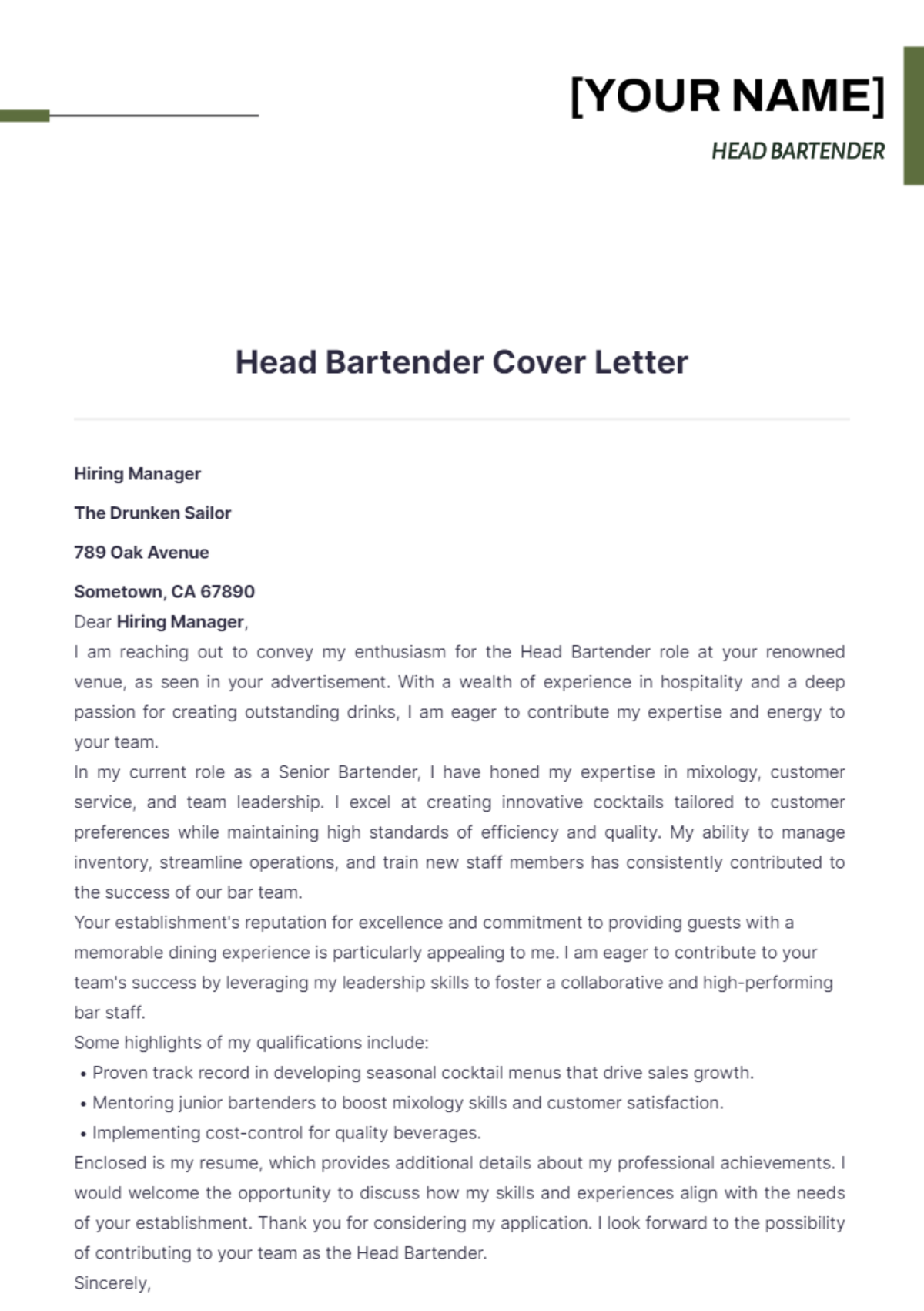 Head Bartender Cover Letter - Edit Online & Download