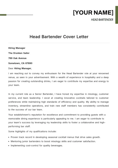Free Head Bartender Cover Letter to Edit Online