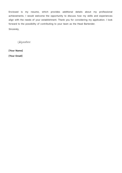 Free Head Bartender Cover Letter to Edit Online
