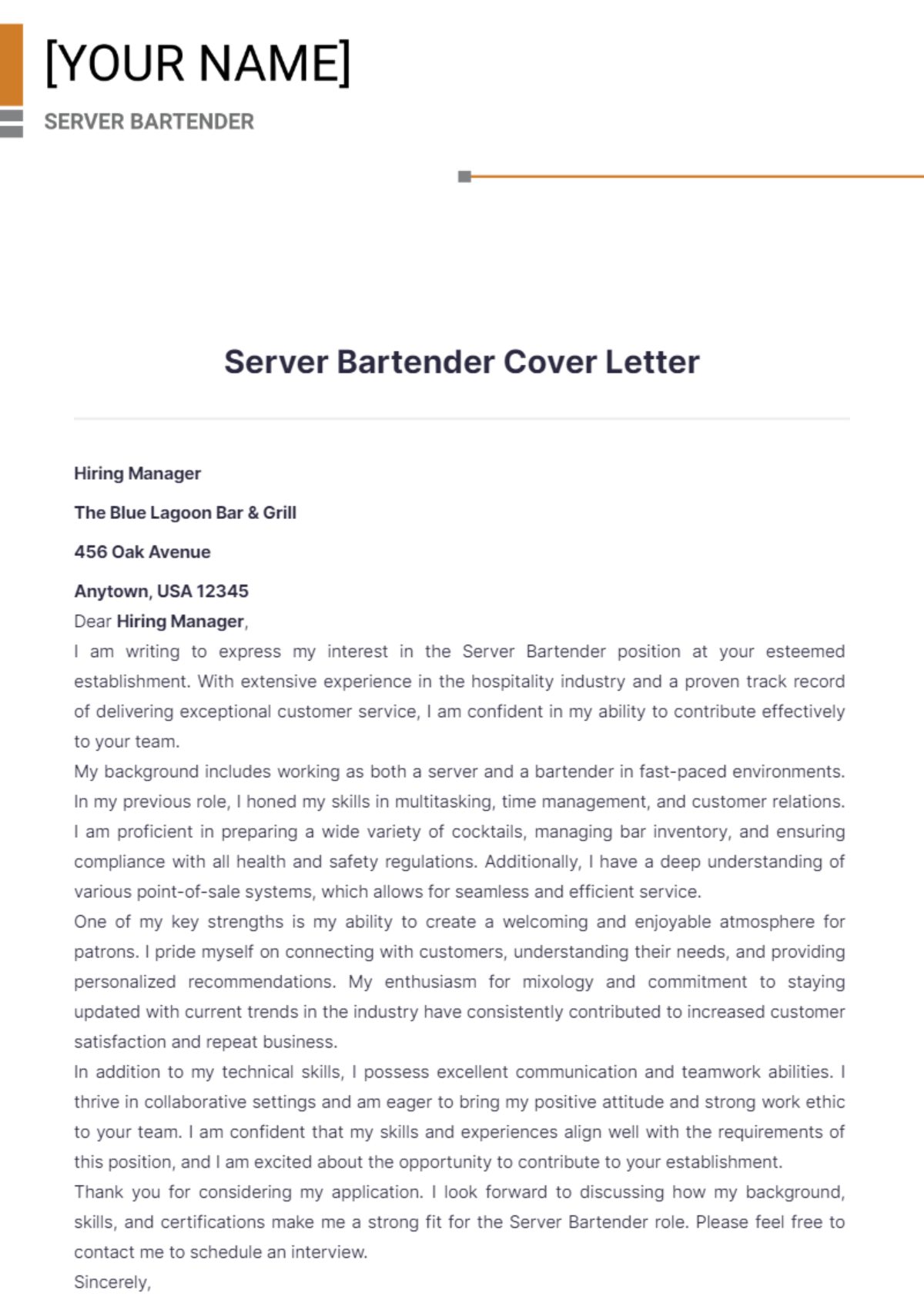 Server Bartender Cover Letter