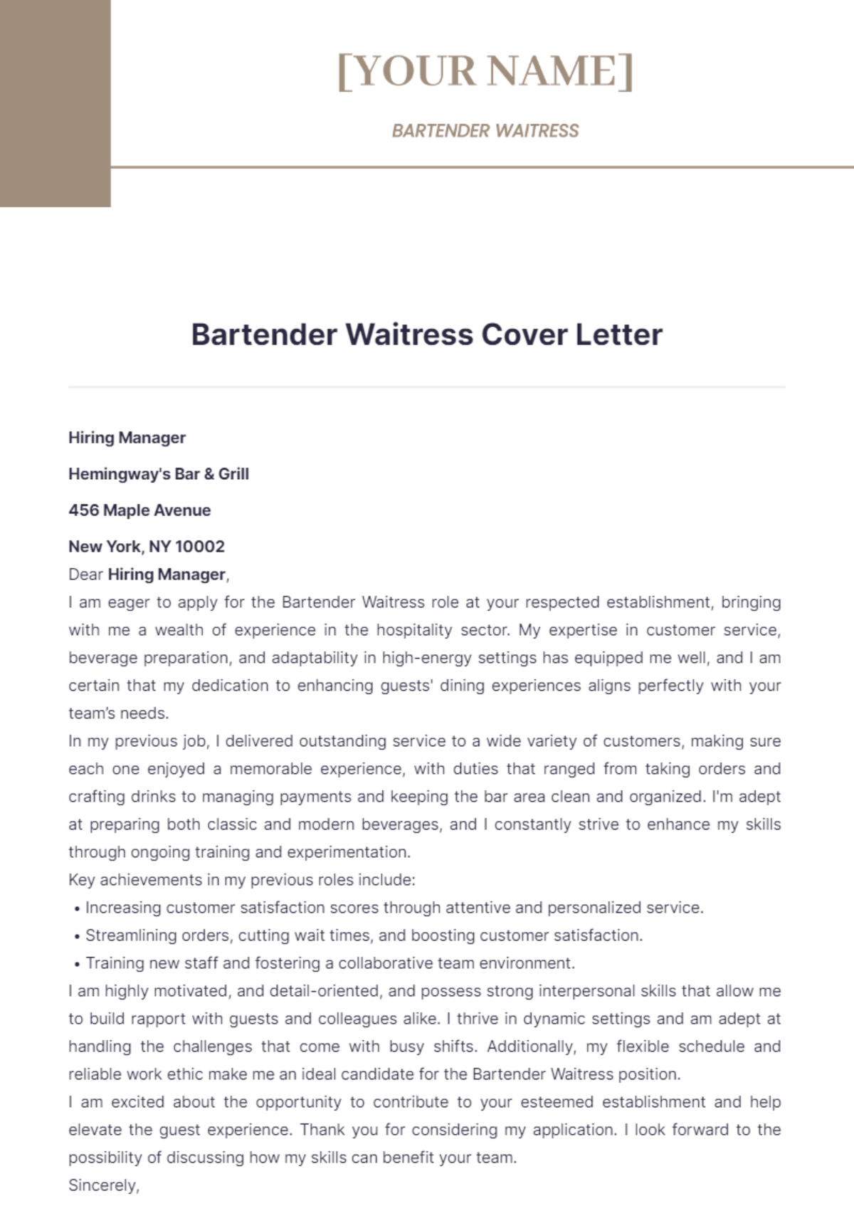 Bartender Waitress Cover Letter