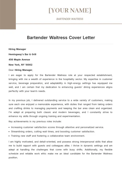 Free Bartender Waitress Cover Letter to Edit Online