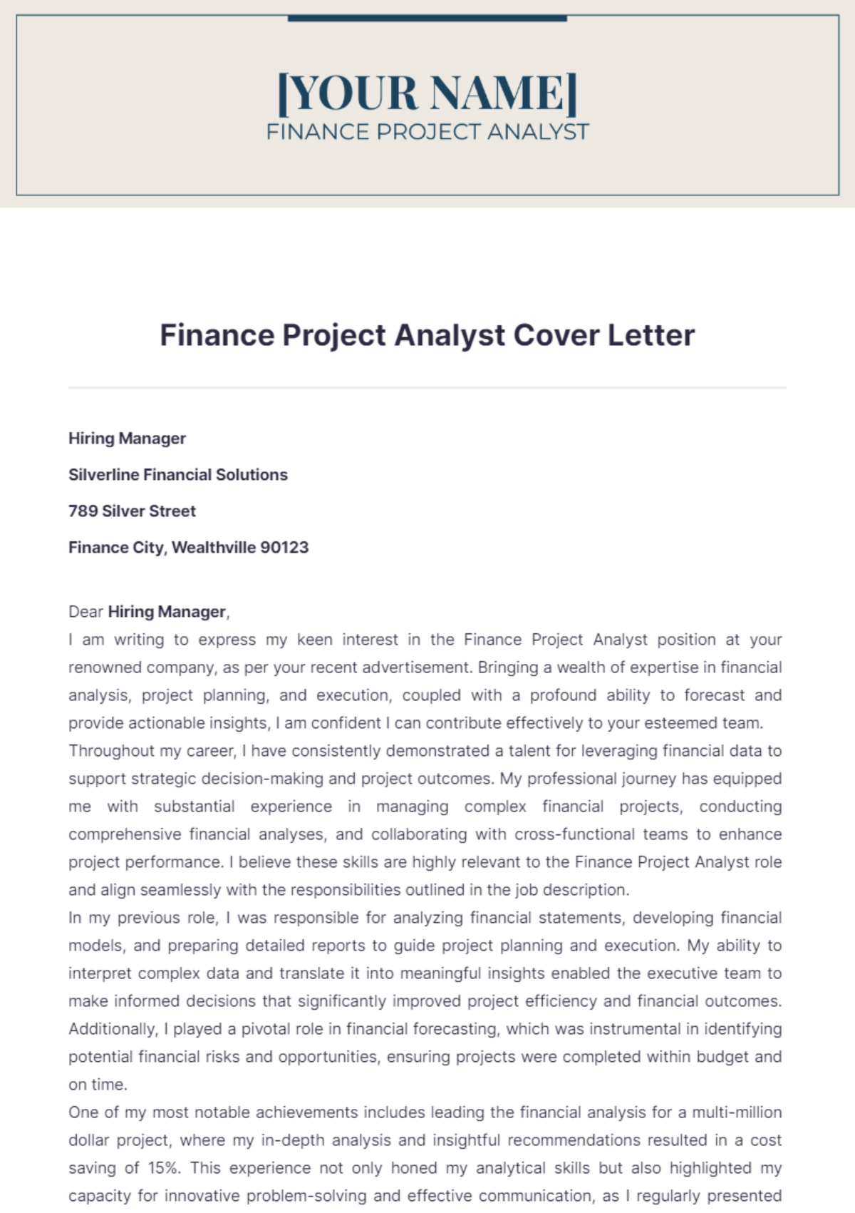 Finance Project Analyst Cover Letter - Edit Online & Download