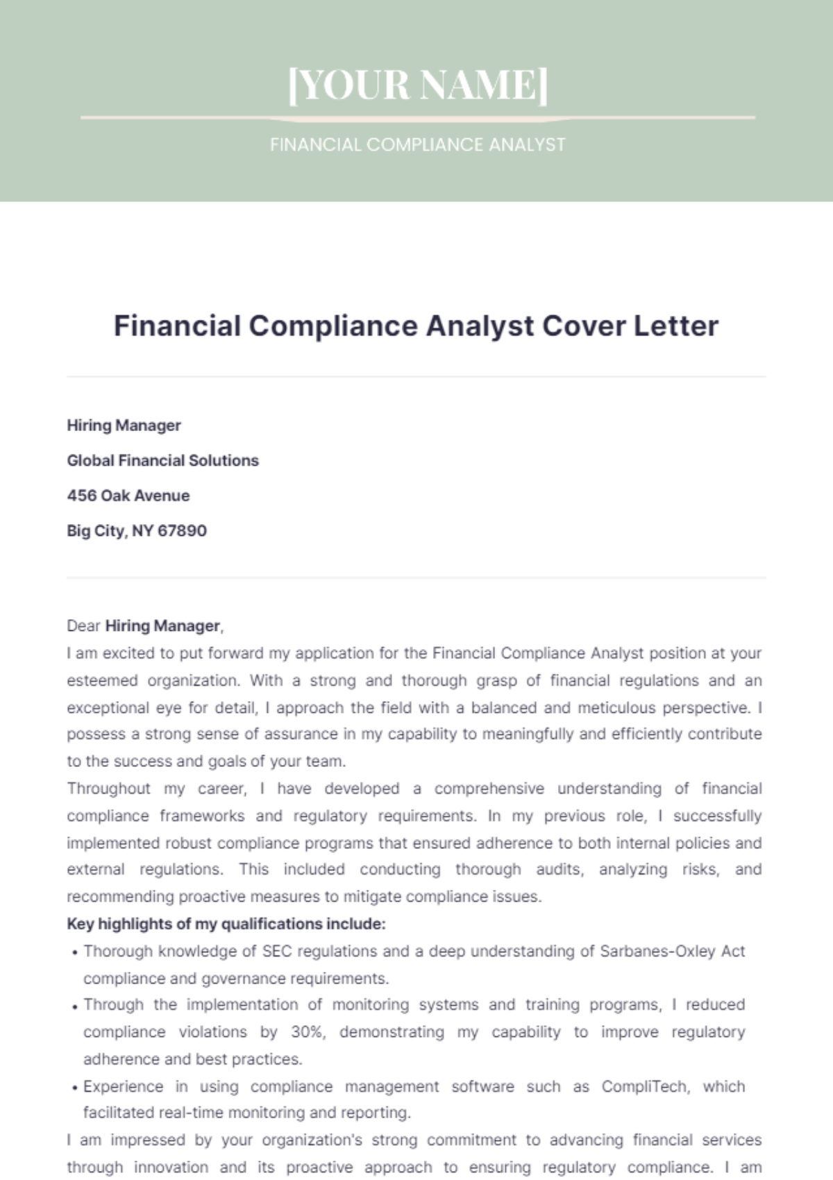 Financial Compliance Analyst Cover Letter