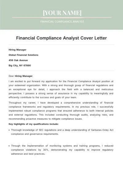 Free Financial Compliance Analyst Cover Letter to Edit Online