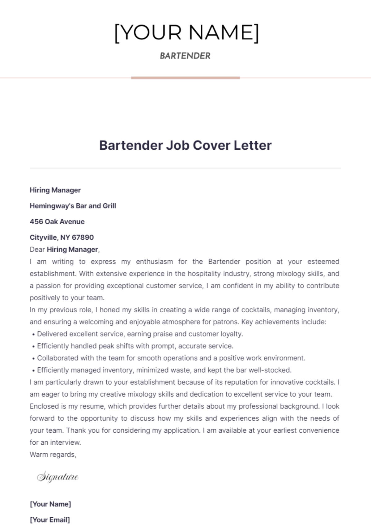 Bartender Job Cover Letter