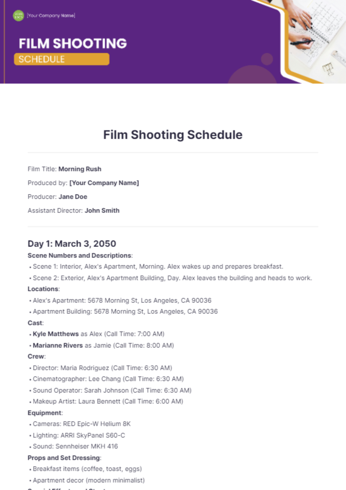 Film Shooting Schedule Template - Edit Online & Download