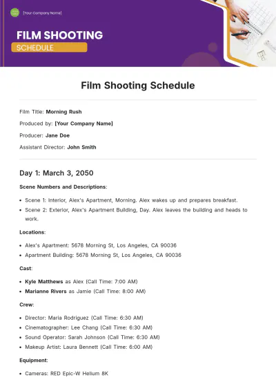 Free Film Shooting Schedule Template to Edit Online