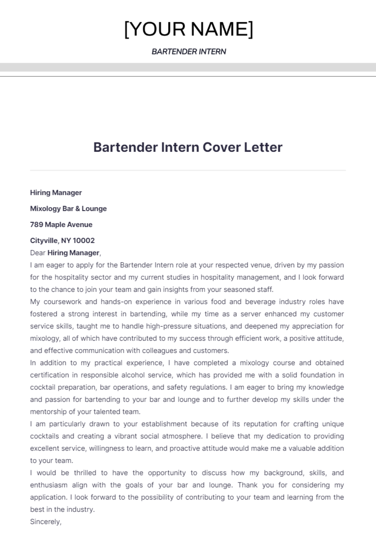 Bartender Intern Cover Letter - Edit Online & Download