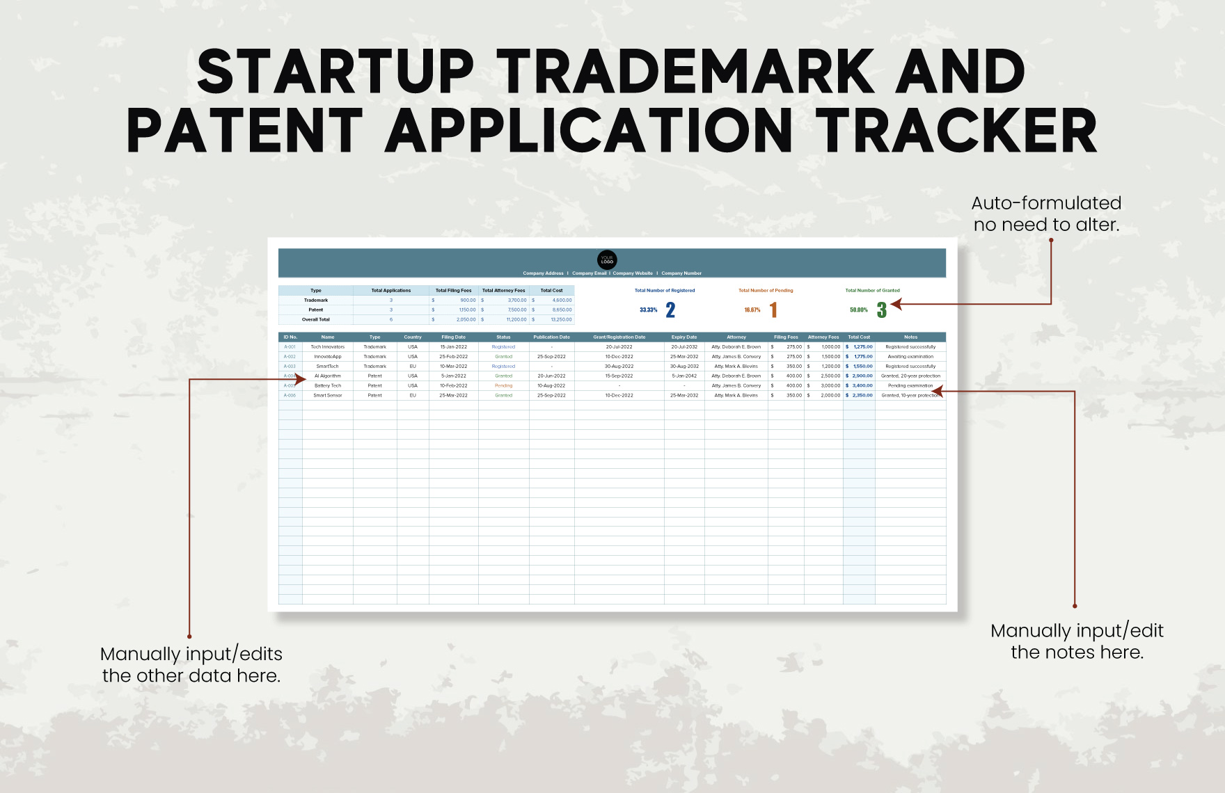 Startup Trademark and Patent Application Tracker Template