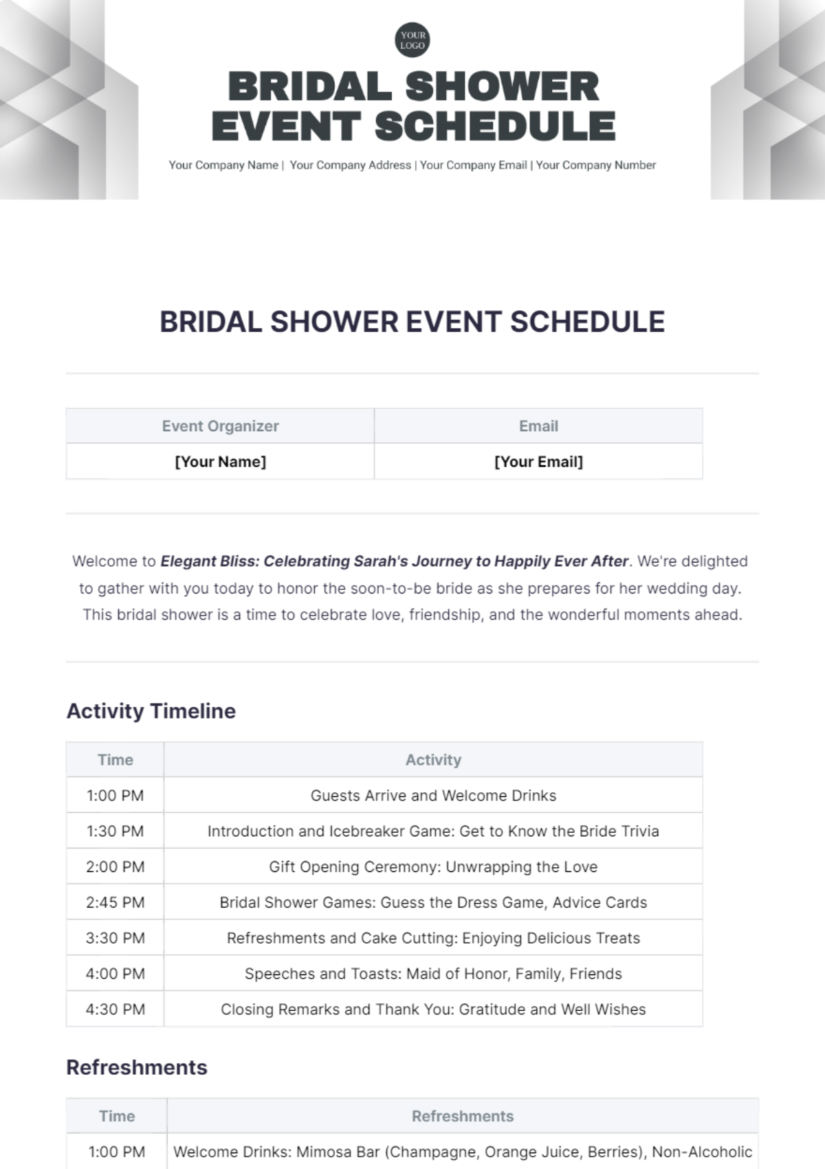 Bridal Shower Event Schedule Template - Edit Online & Download