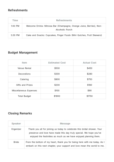 Free Bridal Shower Event Schedule Template to Edit Online