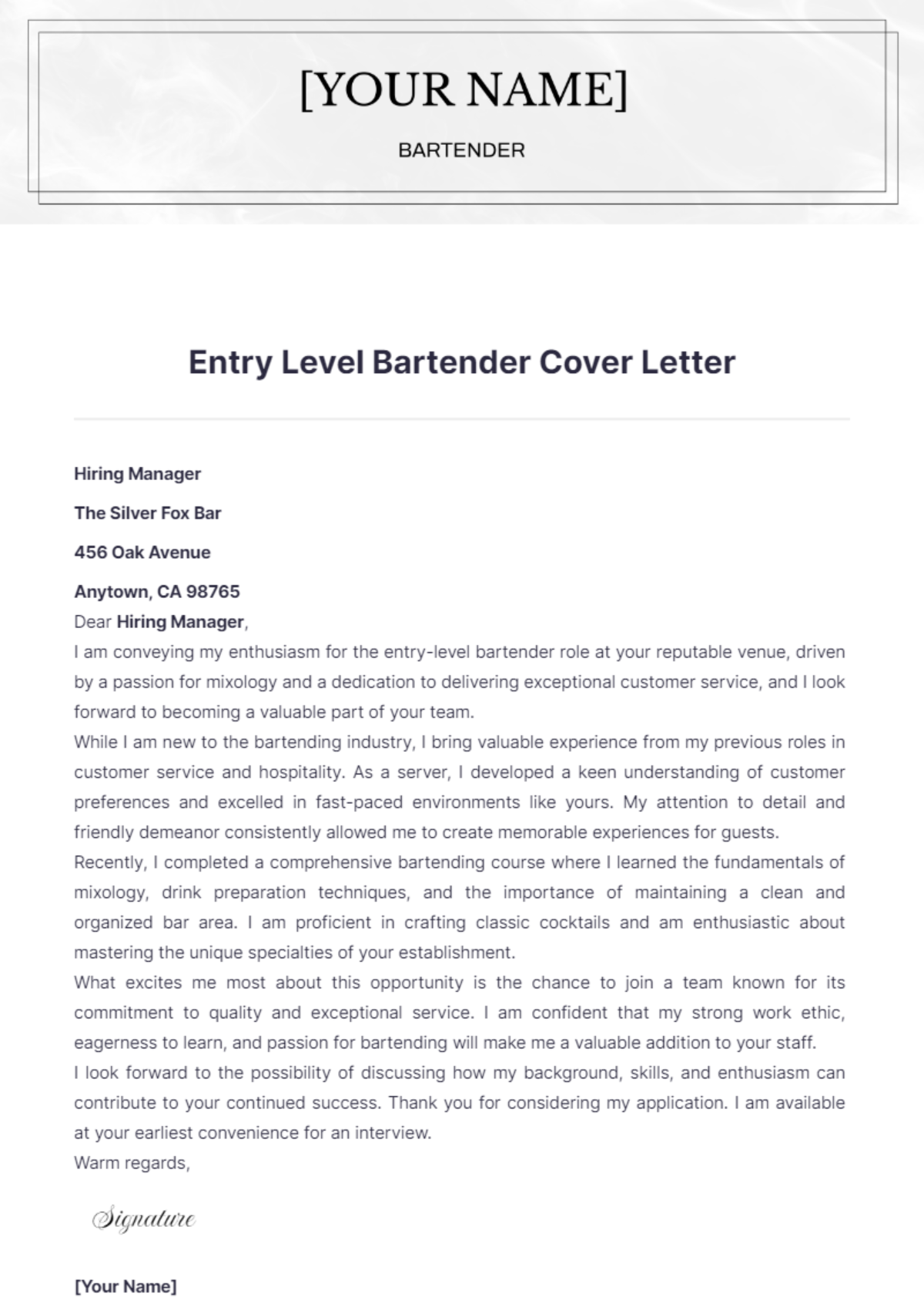 Entry Level Bartender Cover Letter - Edit Online & Download