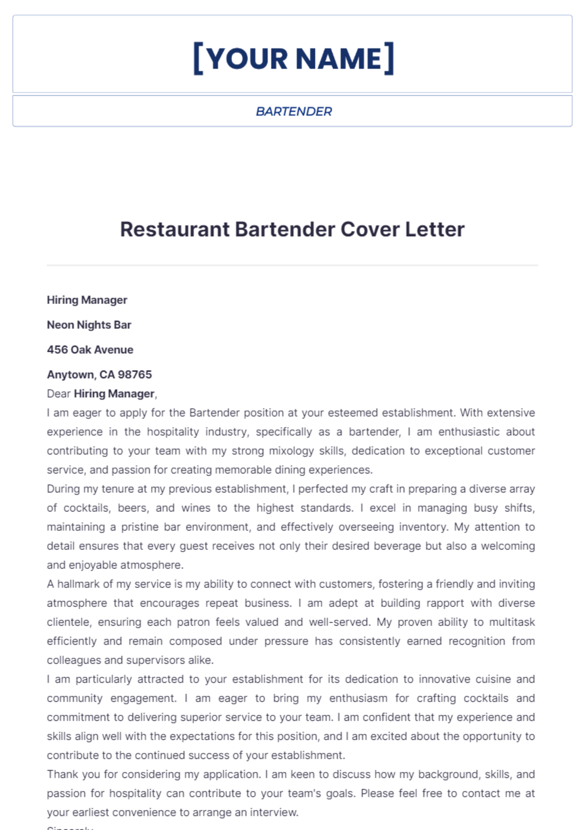 Restaurant Bartender Cover Letter - Edit Online & Download