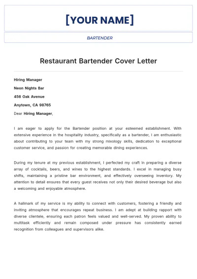 Free Restaurant Bartender Cover Letter to Edit Online