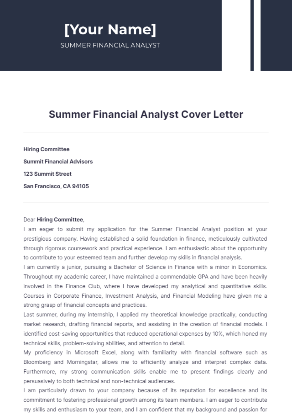 Summer Financial Analyst Cover Letter