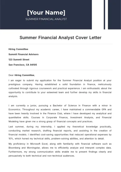 Free Summer Financial Analyst Cover Letter to Edit Online