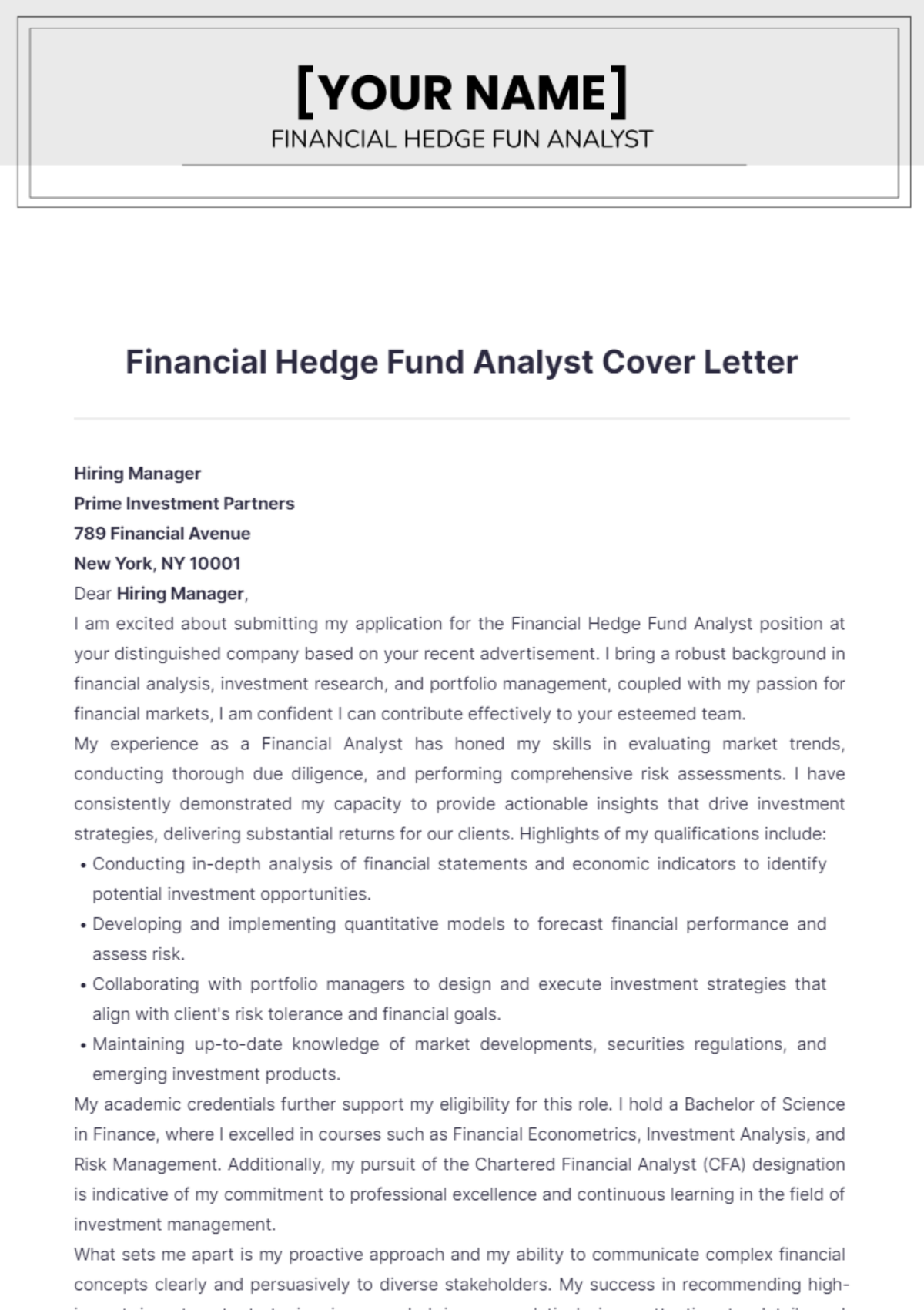 Financial Hedge Fund Analyst Cover Letter - Edit Online & Download